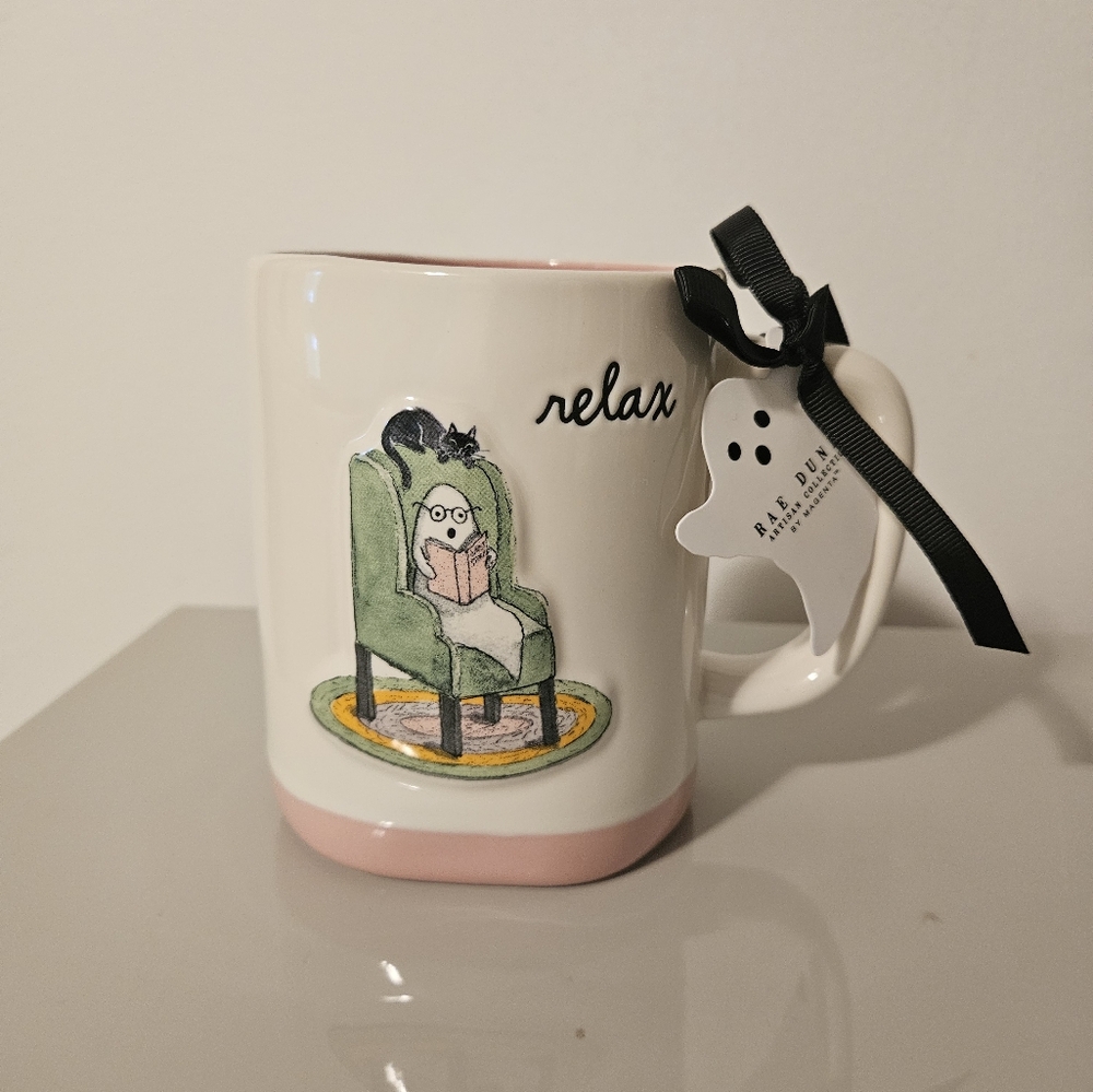 Rae Dunn RELAX Ghost on Chair Halloween Mug With Black Cat